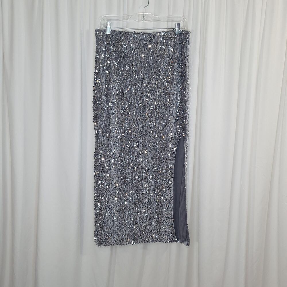 Silver Sequin Midi Skirt - Elegant Evening Shine - Picture 2 of 9